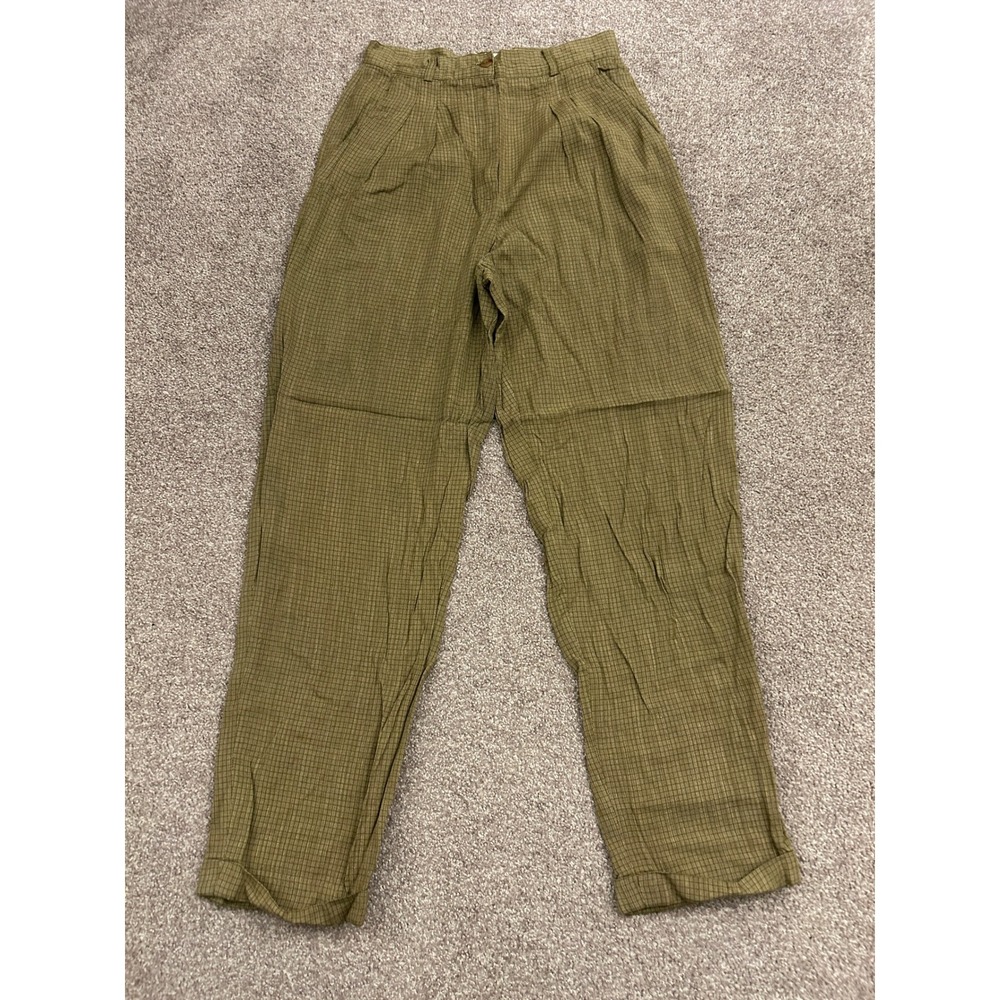 90s Liz Claiborne Trouser Womens 8 Green Vintage Linen Blend Pleated Check Pants